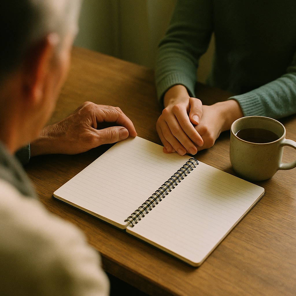 Two pairs of hands over an open notebook at a kitchen table